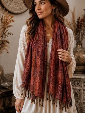Indian Inspired Boho Paisley Burgundy Rust Fringe Scarf Shawl Wrap